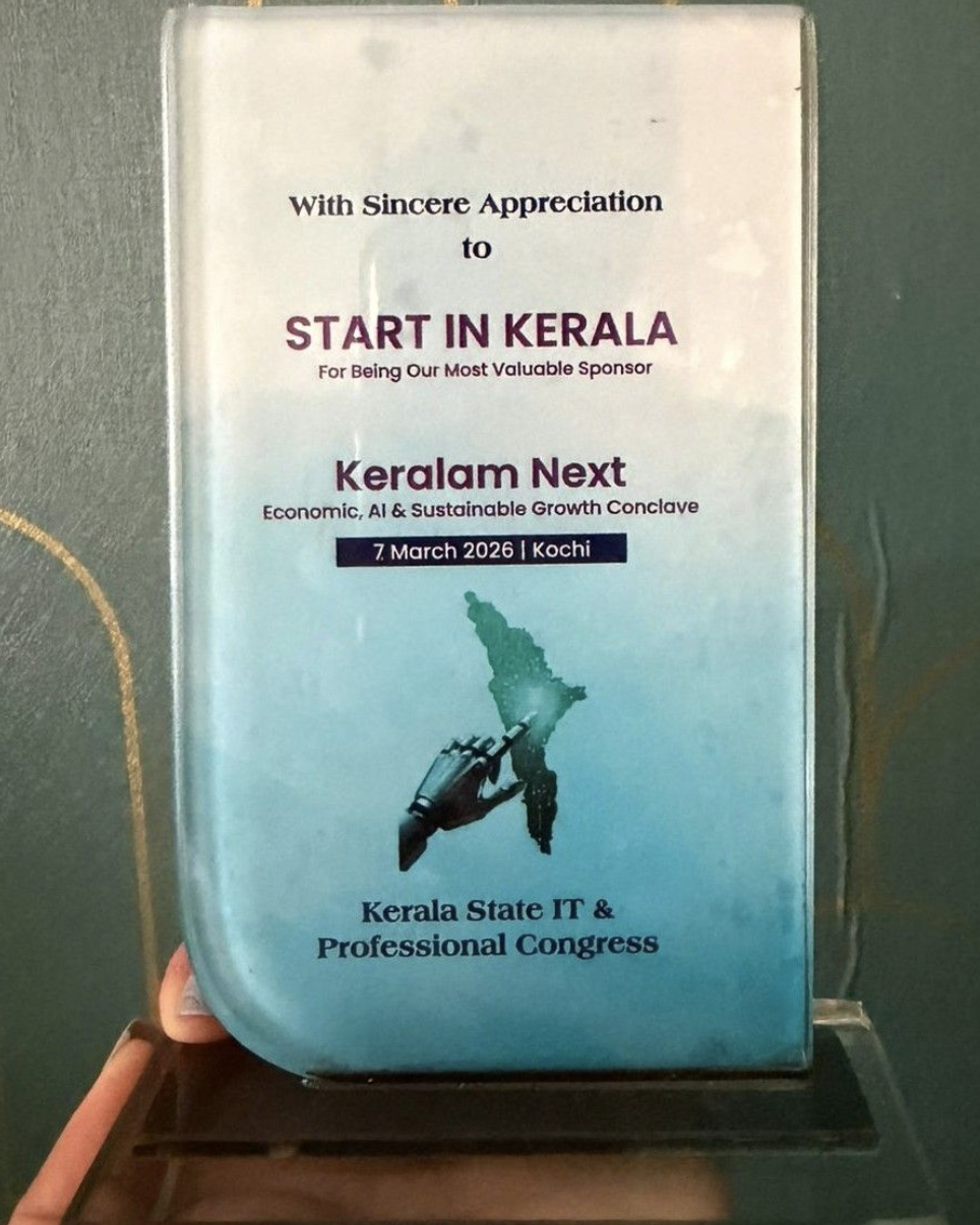 Appreciation plaque presented to StartinKerala as a sponsor of Keralam Next